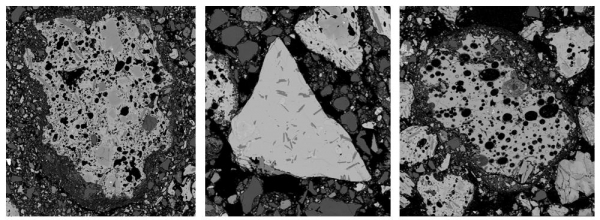 수월봉 화산쇄설물에서 관찰되는 다양한 화산유리의 미세조직을 전자탐침미세분석기(EPMA, Electron Probe Micro Analyzer)로 촬영한 모습. (왼쪽) 기공이 많은 화산유리, (가운데) 기공이 없는 화산유리, (오른쪽) 기공이 많으면서 가장자리가 변질된 화산유리. 출처: 한국지질자원연구원